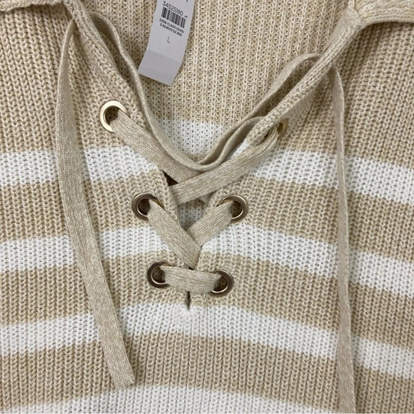 New LOFT Tan White Striped Lace Up Chunky Cozy Sweater size Large - Picture 5 of 10